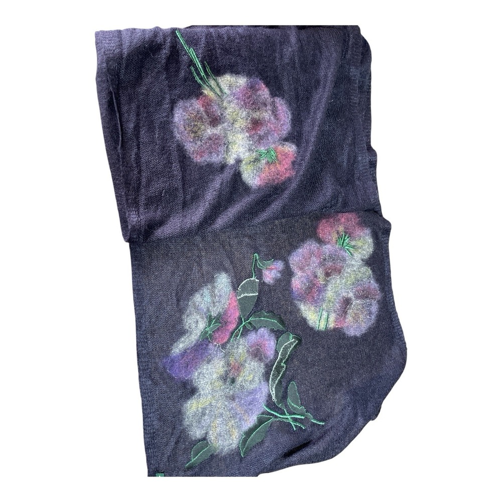 Felted Wool Scarf 80"x22" Black Pansies Made In London - Picture 3 of 5